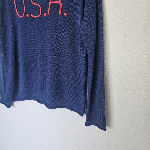 Marled Reunited L Sweater Slits Pullover Red USA‎ Embroidery Navy Blue - Picture 5 of 13
